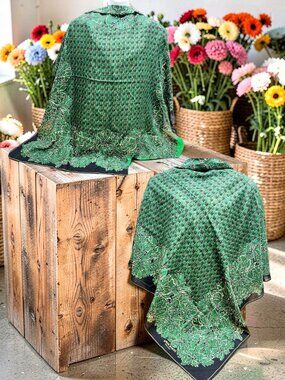 A Pair SONIA RYKIEL Foulards Scarf Shawl 42"  Black White Green Gold Floral  (25